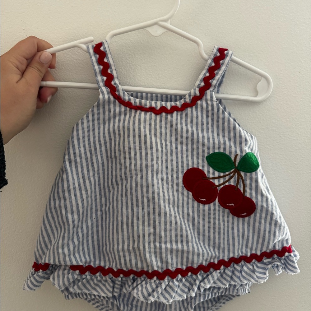 The Bailey boys linen stripe  appliqué baby dress red trim